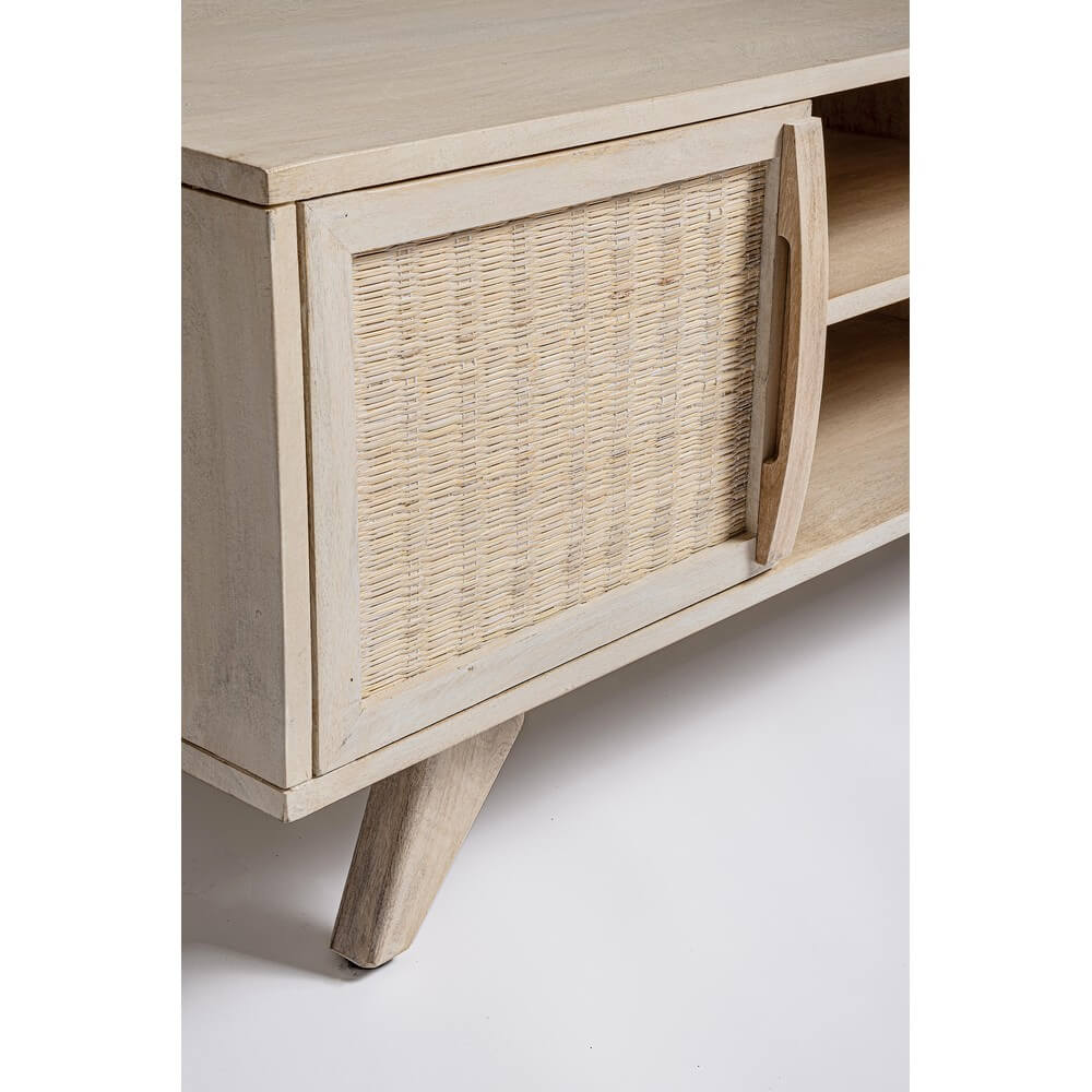 Mobile porta TV in legno di mango con ante in rattan naturale - LENA
