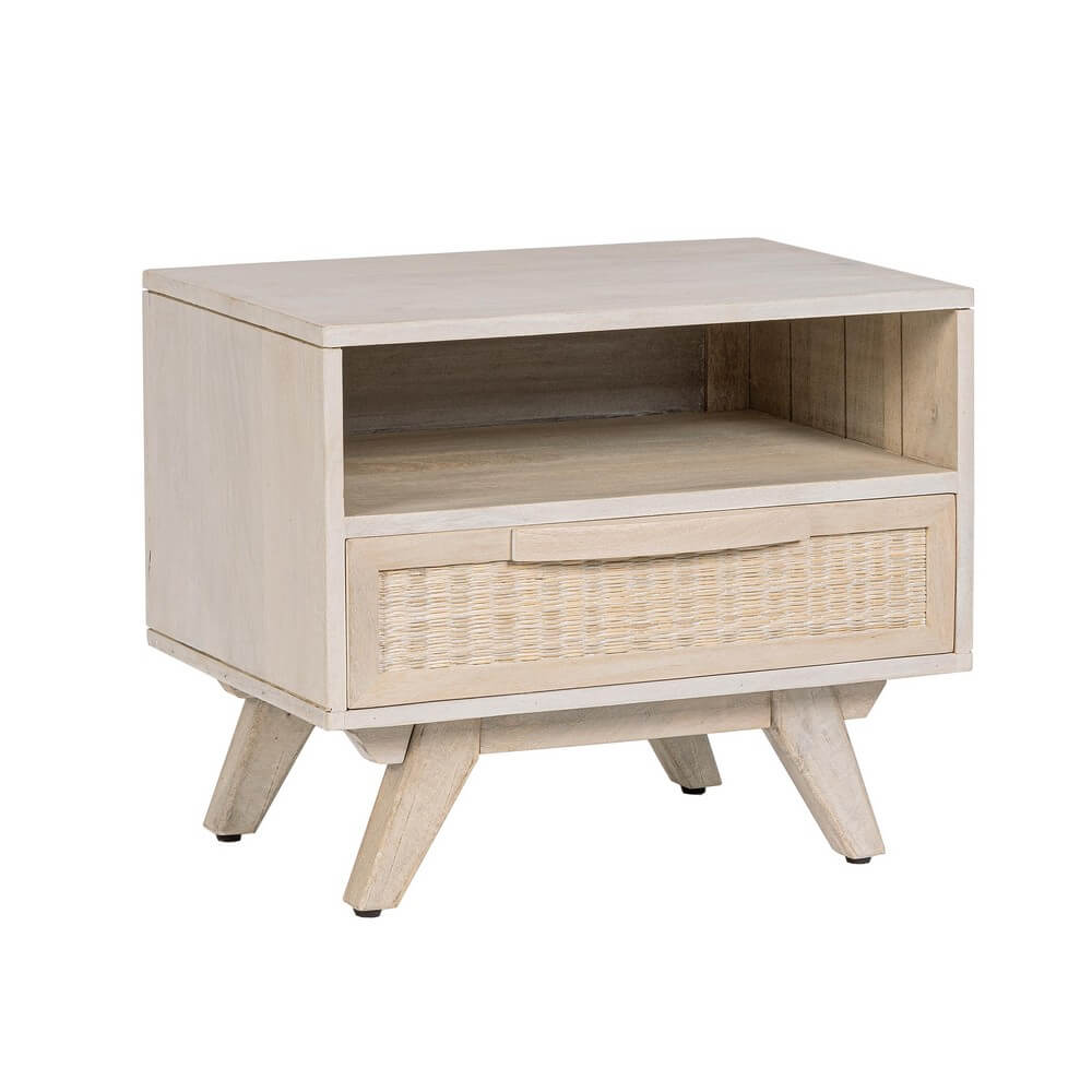 Comodino in Legno di Mango con 1 Cassetto in Rattan - LENA