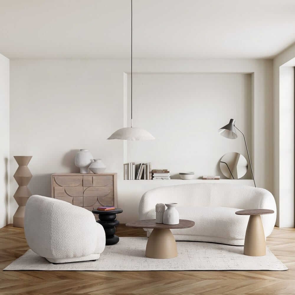 Render di soggiorno con tavolino FRANKLIN naturale al centro del tappeto #colore_Marrone