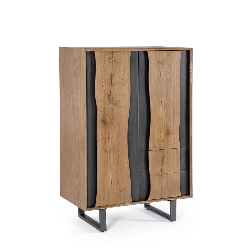 Mobile alto in legno rovere con 2 ante e 2 cassetti gambe in acciaio - BRAMBLE