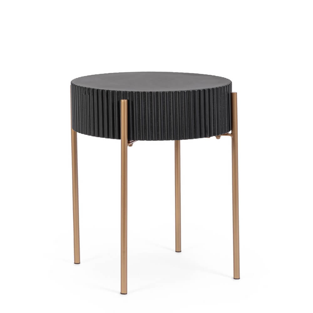 Tavolino rotondo nero con gambe in acciaio dorato stile art déco - LUCIA