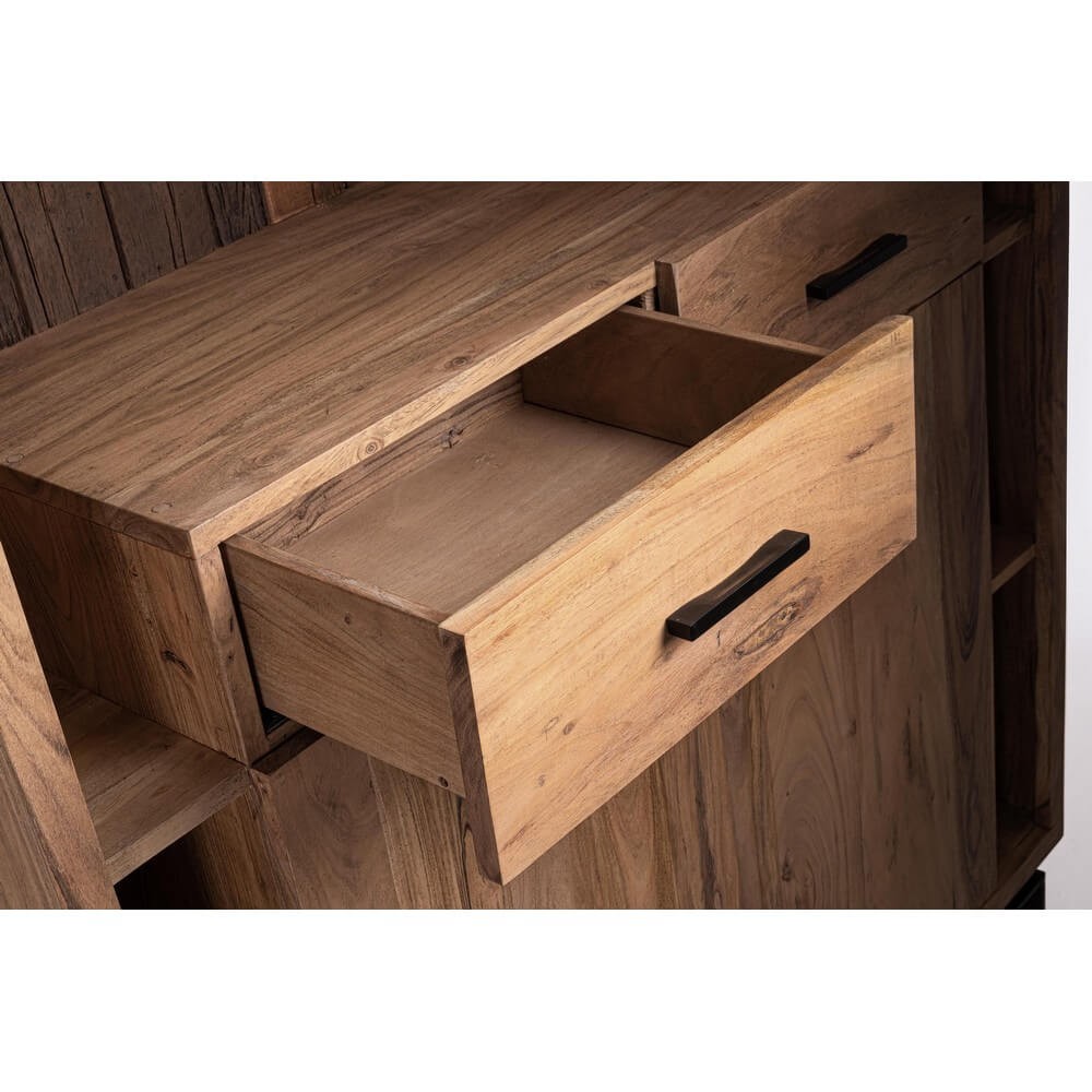Libreria in Legno di Acacia con 2 Ante e 2 Cassetti in Acciaio - MANGAL