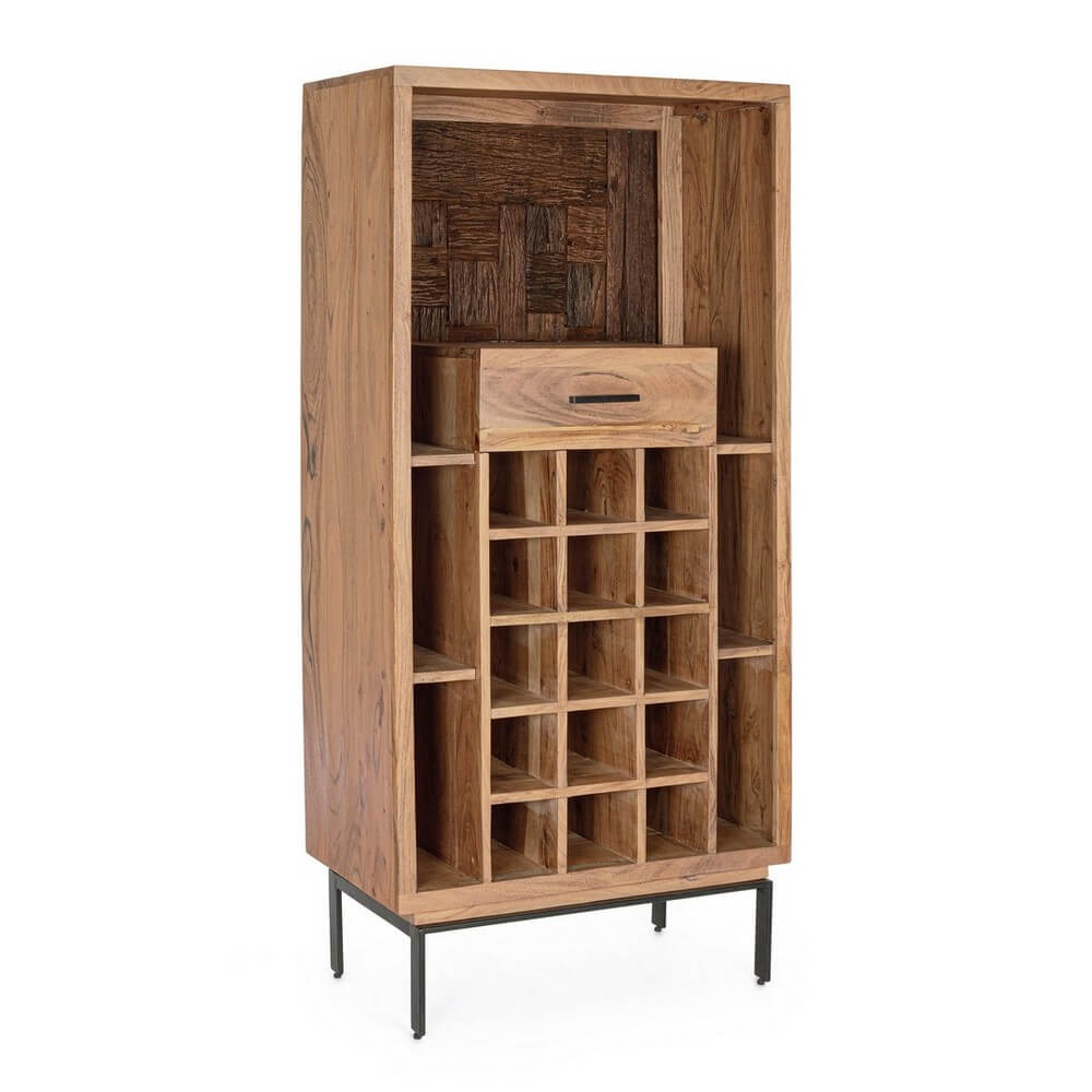 Mobile Bar in Legno di Acacia con Porta Bottiglie e 1 Cassetto - MANGAL