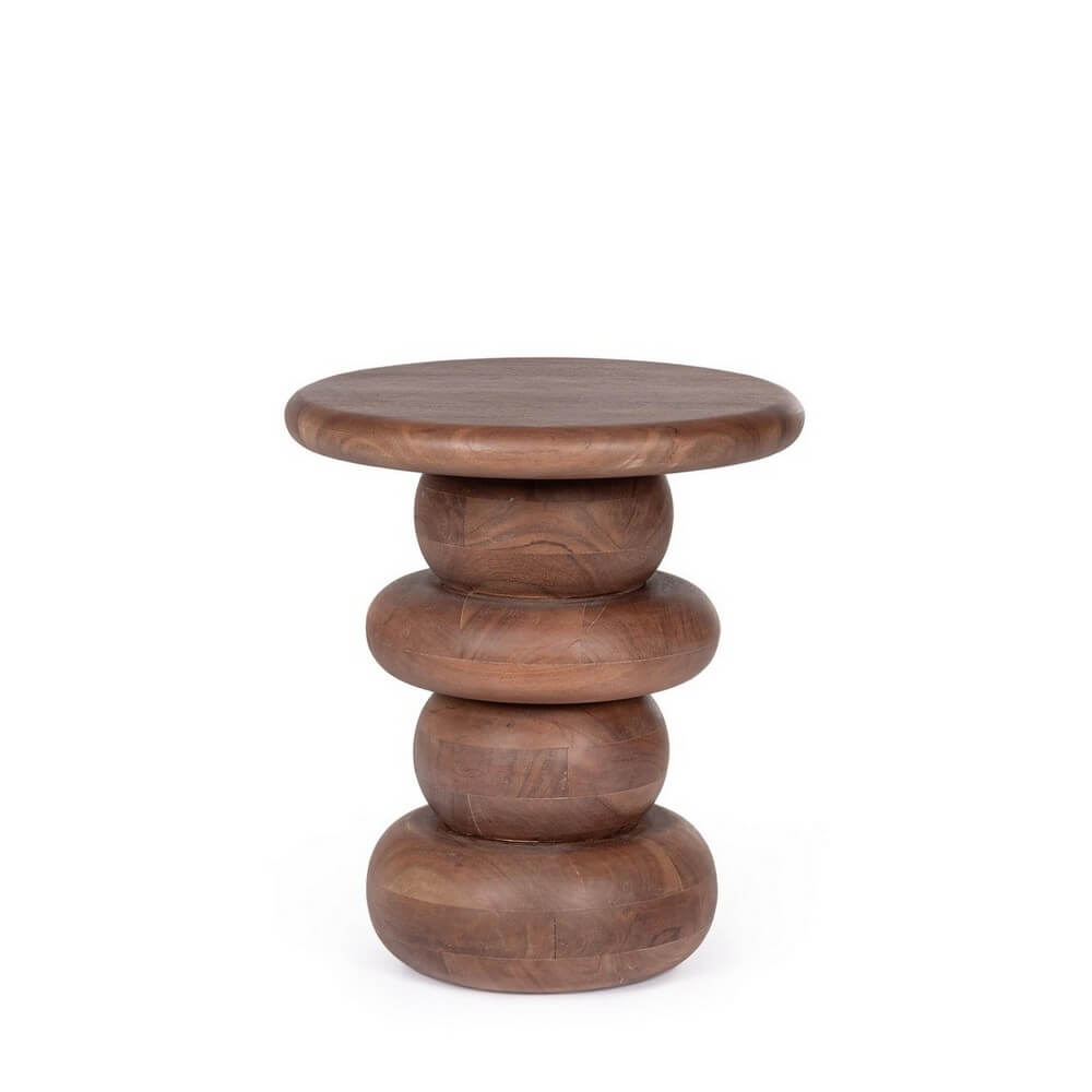 Tavolino rotondo in legno di mango con base scultorea impilata - LOPEZ