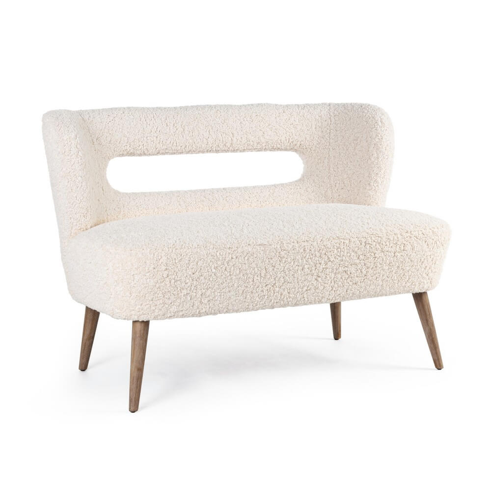 Divano 2 Posti in Tessuto Bouclé Bianco con Gambe in Legno - CARMEN
