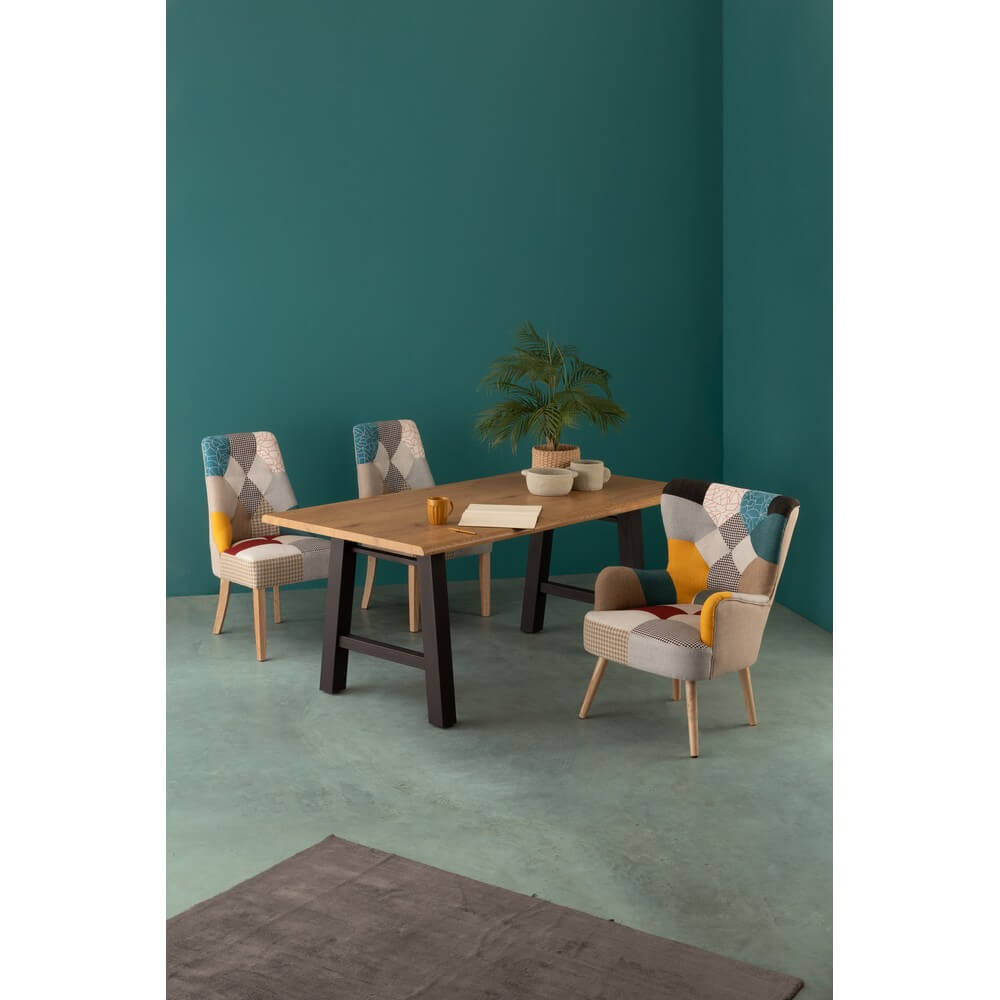 Poltrona imbottita in tessuto patchwork multicolore con gambe in legno - CHRISTOPHER
