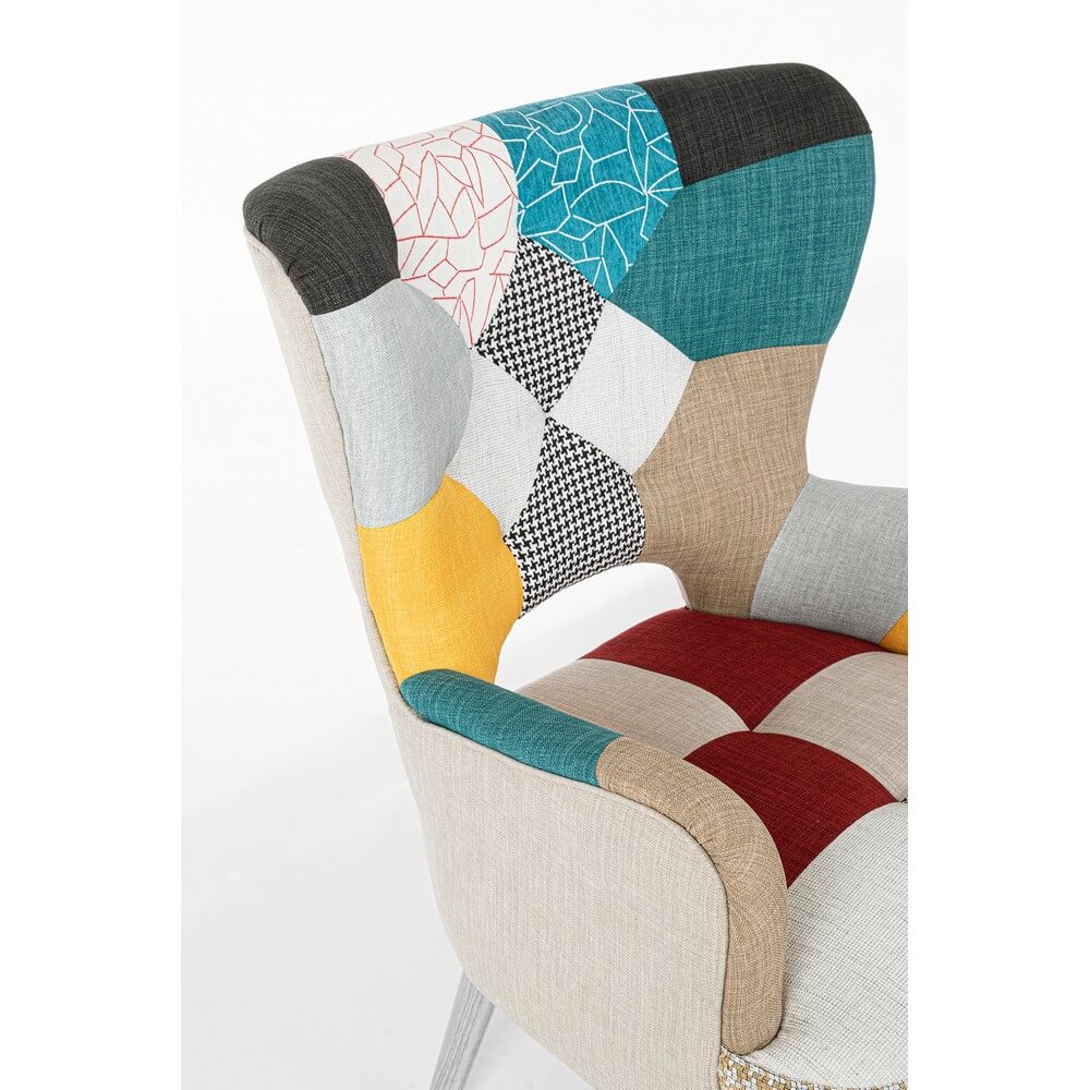 Poltrona imbottita in tessuto patchwork multicolore con gambe in legno - CHRISTOPHER