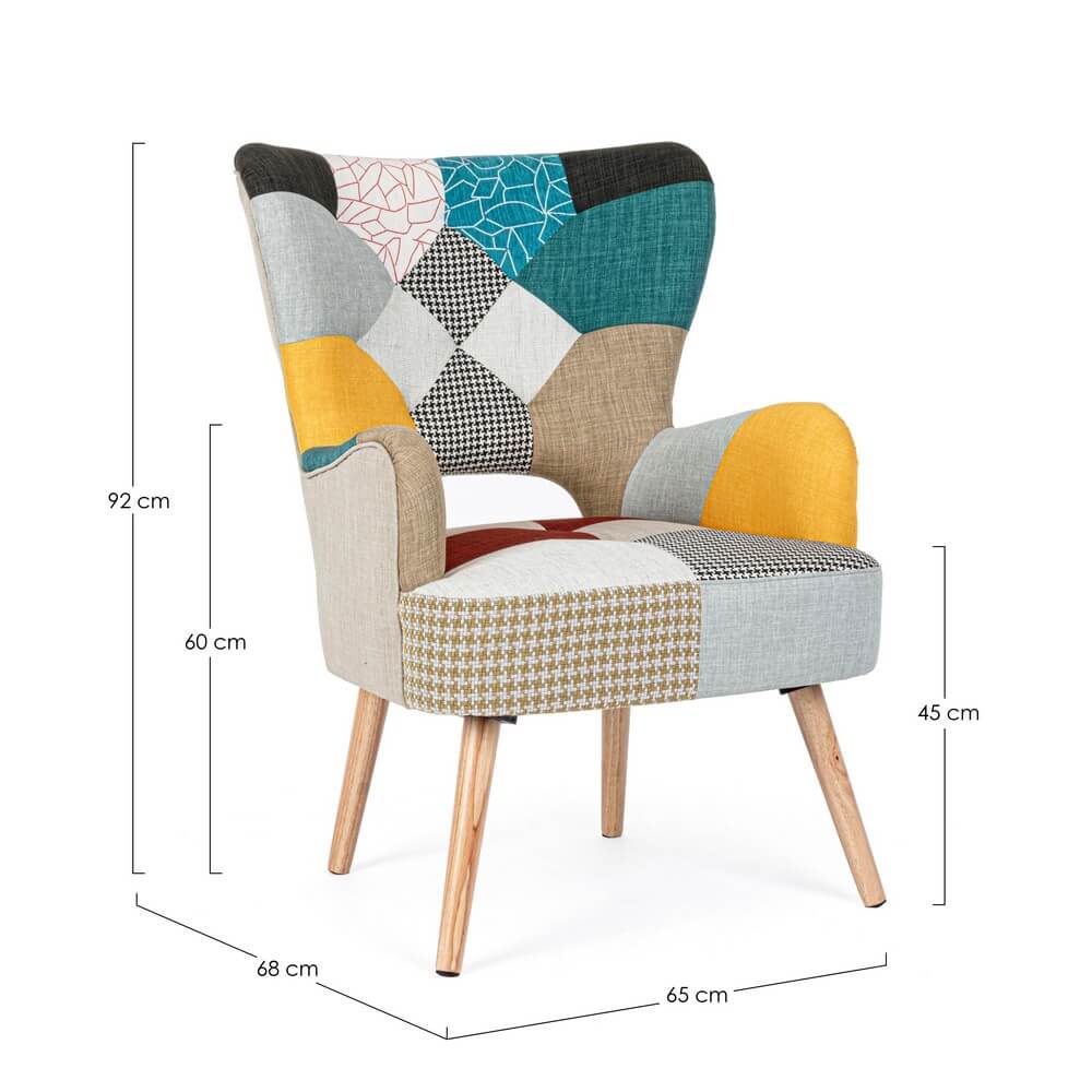 Poltrona imbottita in tessuto patchwork multicolore con gambe in legno - CHRISTOPHER