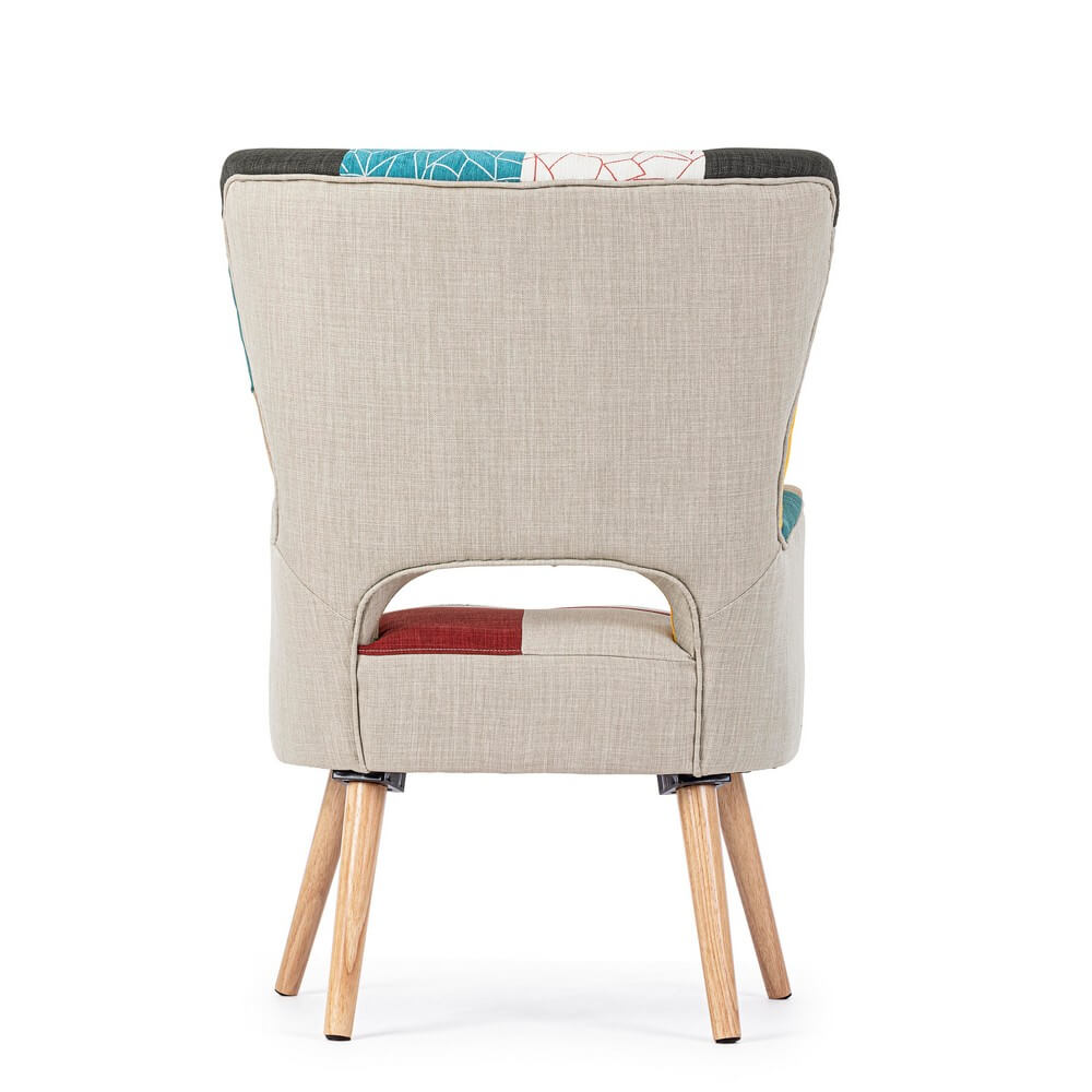 Poltrona imbottita in tessuto patchwork multicolore con gambe in legno - CHRISTOPHER