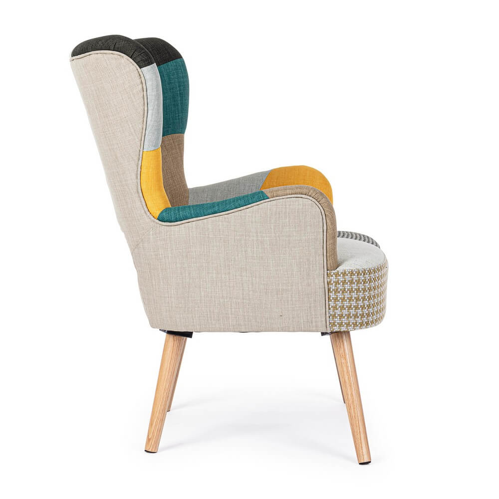 Poltrona imbottita in tessuto patchwork multicolore con gambe in legno - CHRISTOPHER
