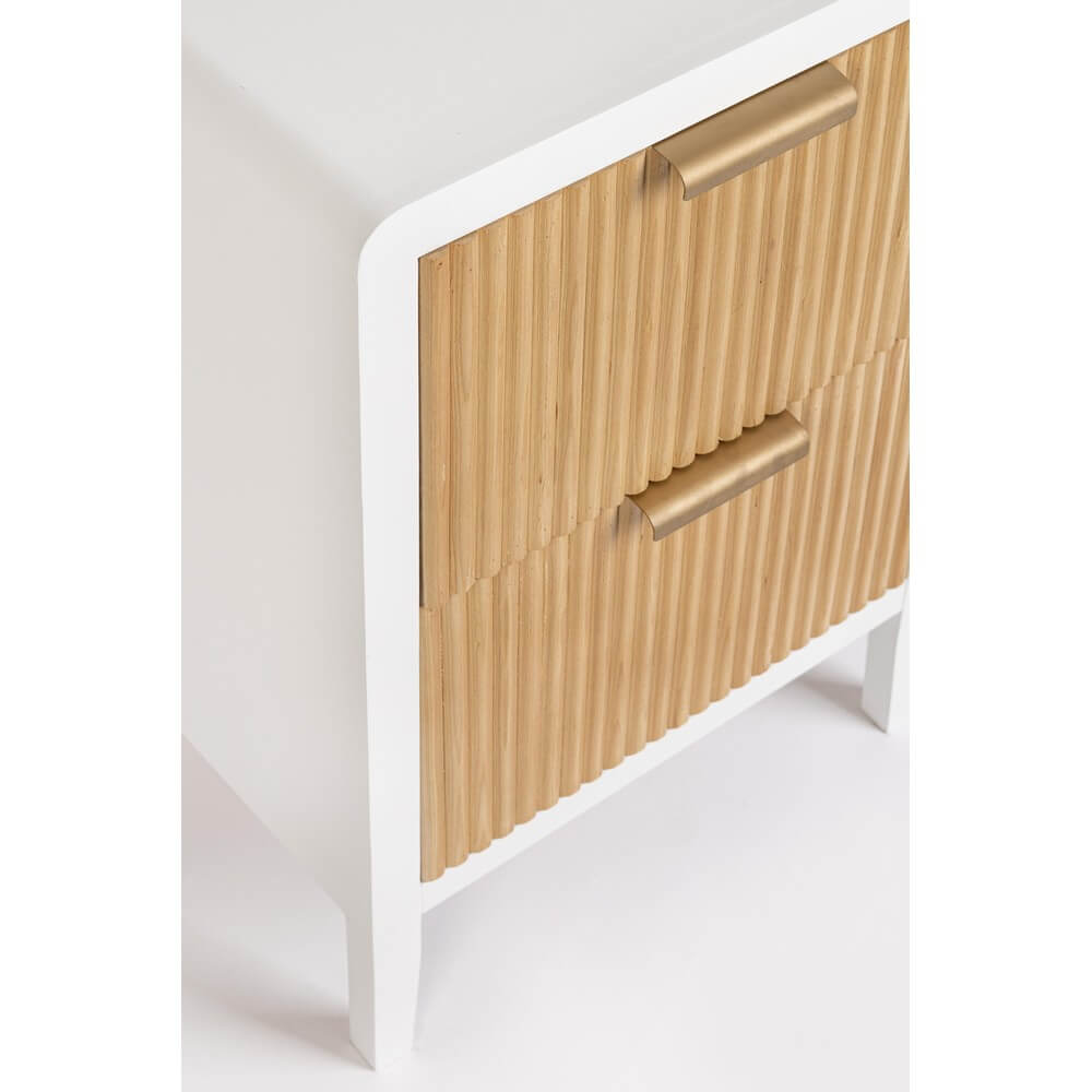 Comodino con 2 Cassetti in Legno Bianco e Naturale con Frontali Rigati - CHARLOTTE
