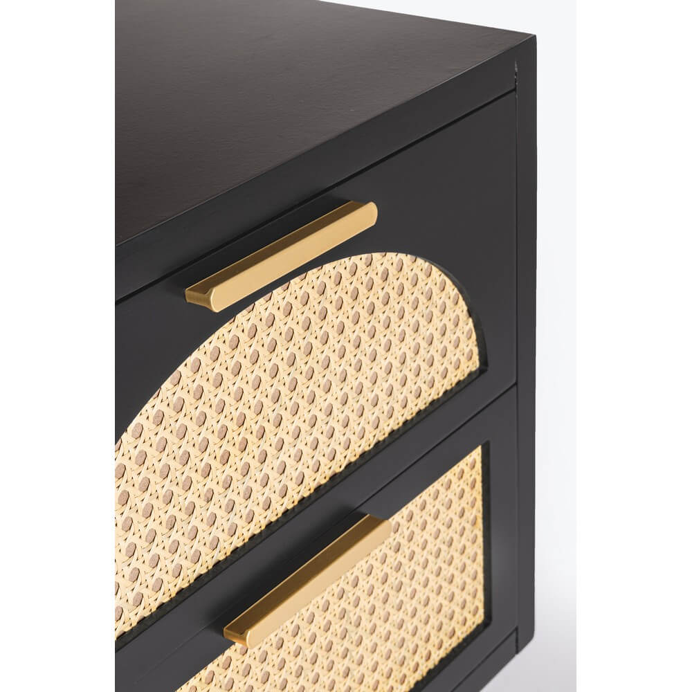 Comodino con 2 Cassetti in Legno Nero e Inserti in Rattan - JOSIE