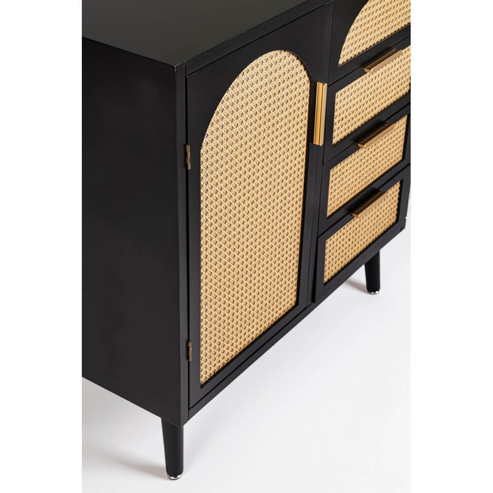Credenza 1 Anta e 4 Cassetti in Legno Nero con Rattan - JOSIE