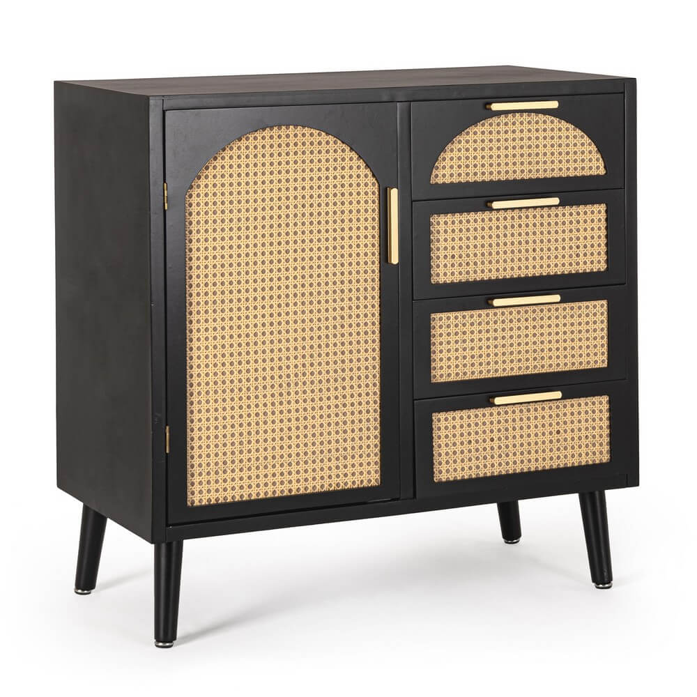 Credenza 1 Anta e 4 Cassetti in Legno Nero con Rattan - JOSIE