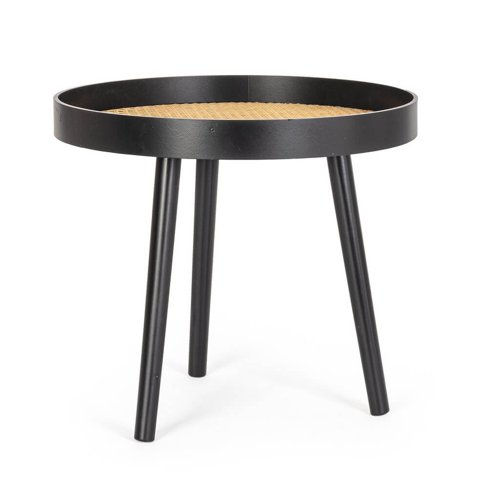 Tavolino rotondo in legno nero con piano in rattan D50 - JOSIE