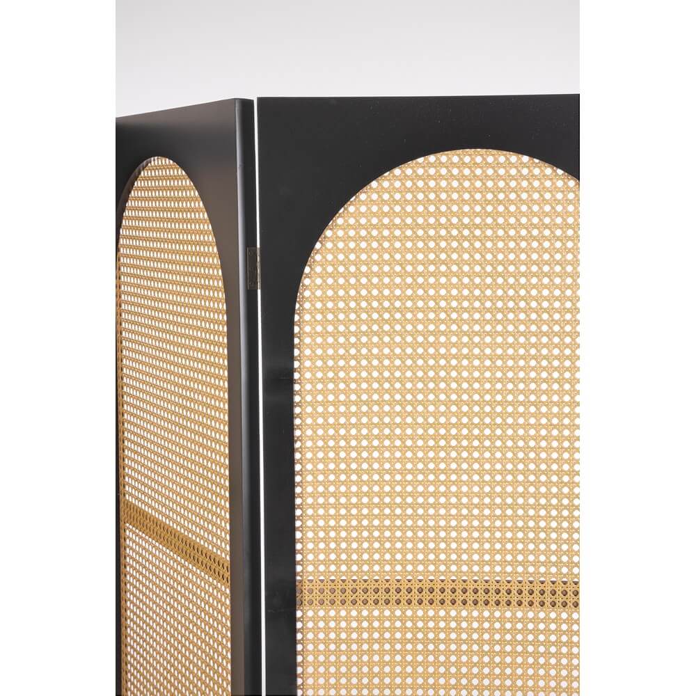 Paravento 3 Ante in Legno e Rattan con Archi Naturale e Nero - JOSIE