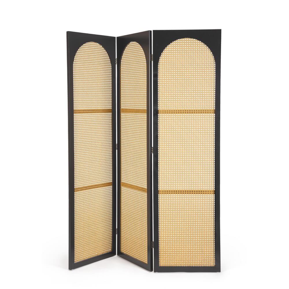Paravento 3 Ante in Legno e Rattan con Archi Naturale e Nero - JOSIE