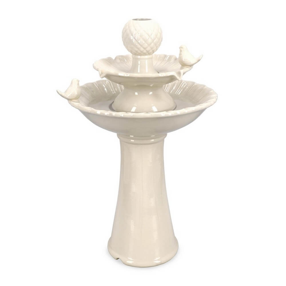 Fontana da Giardino in Ceramica con Uccellini e Luce LED Avorio - LUNARA