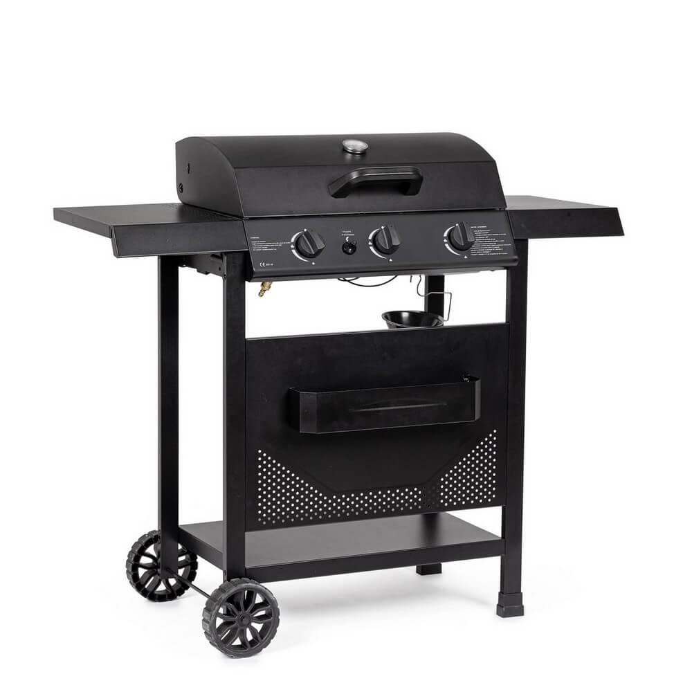 Barbecue a Gas 3 Bruciatori con Ripiani Laterali e Ruote - LYMER
