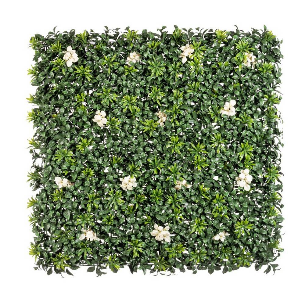Pannello parete verde artificiale con fiori bianchi 100x100 cm - NOVARA