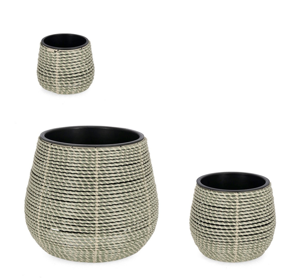Set da 3 Porta Vaso in Polyrattan con Vaso Estraibile Verde - THANH