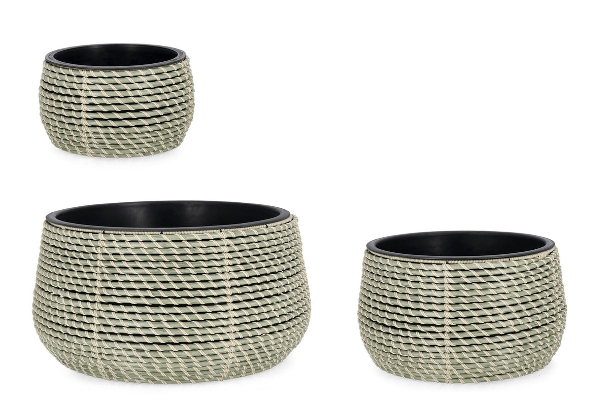 Set di 2 Set da 3 Porta Vaso Bassi in Polyrattan con Vaso Estraibile - THANH