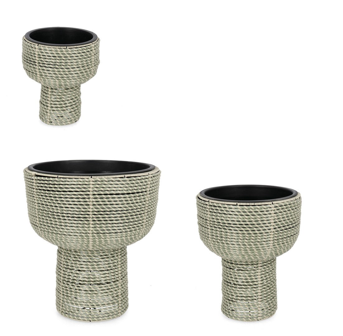 Set da 3 Porta Vaso in Polyrattan Intrecciato con Coppa su Piedistallo - THANH