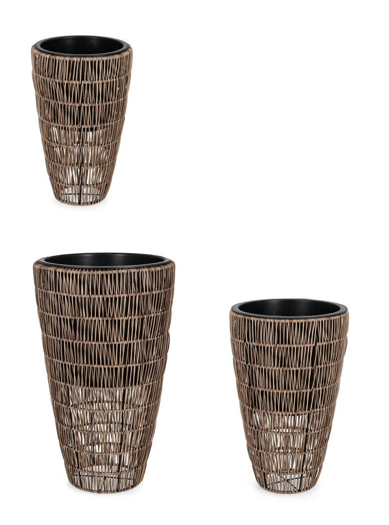 Set da 3 Porta Vaso Svasato in Polyrattan con Vaso Estraibile - AYUN
