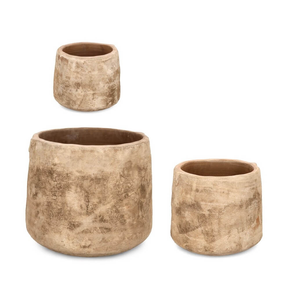 Set da 3 Porta Vasi Bassi in Terracotta Brunita Fatti a Mano - MINH