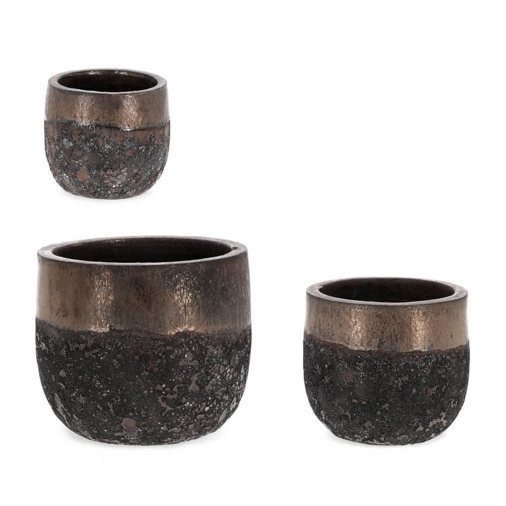 Set da 3 Porta Vaso Tondi Bassi in Terracotta Smaltata Rustica - DUYEN