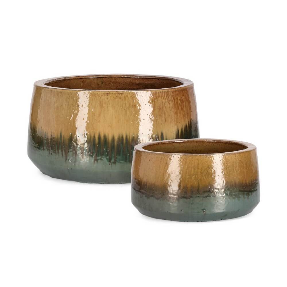 Set di 2 Porta Vasi Bassi in Terracotta Smaltata da Esterno - THRAN