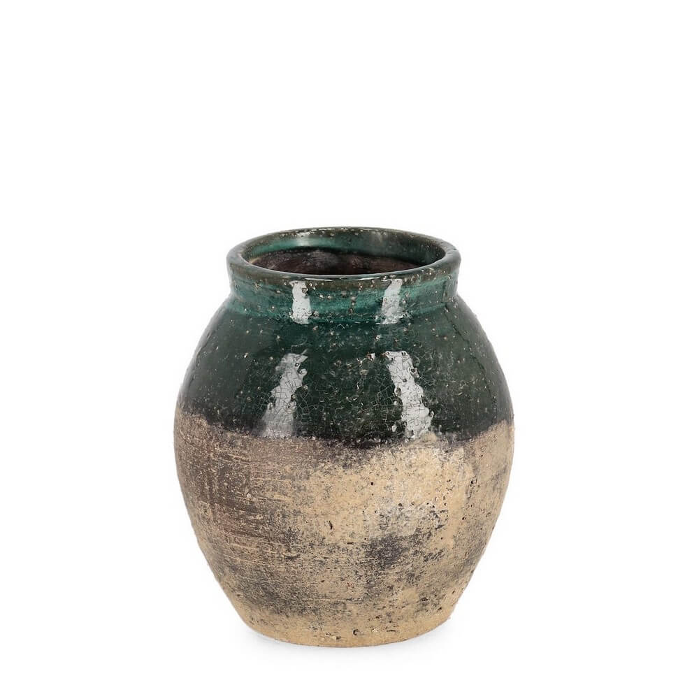Porta Vaso in Terracotta Smaltata Verde Fatto a Mano D18 - RUNE