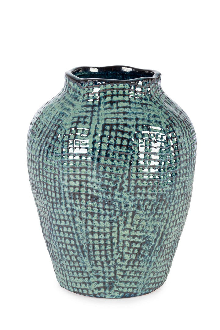 Vaso in Terracotta Smaltata Artigianale Blu Verde H 37,5 cm - SAWAN