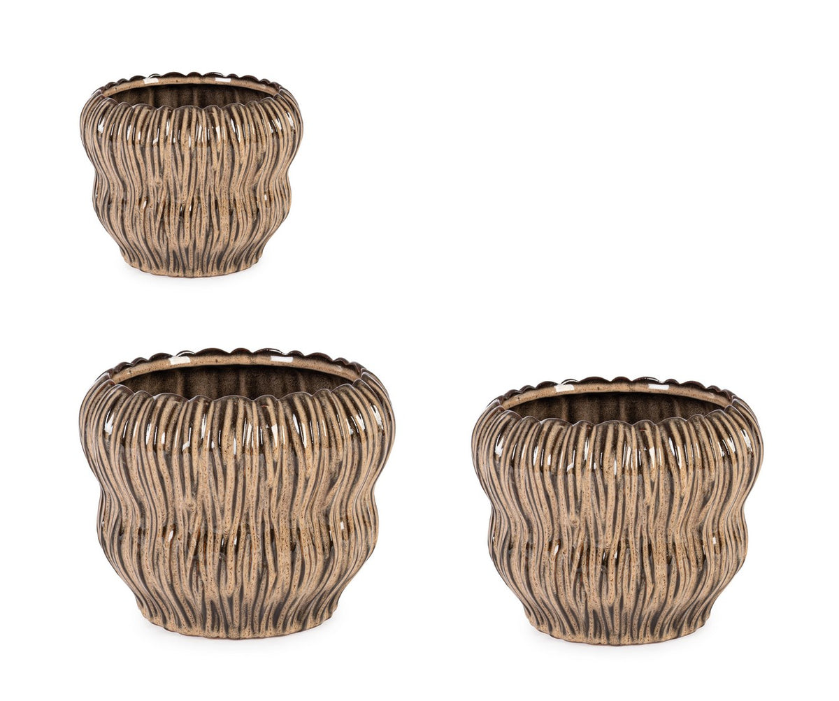 Set da 3 Porta Vaso in Terracotta Smaltata Rigata Fatta a Mano - CHAINAT