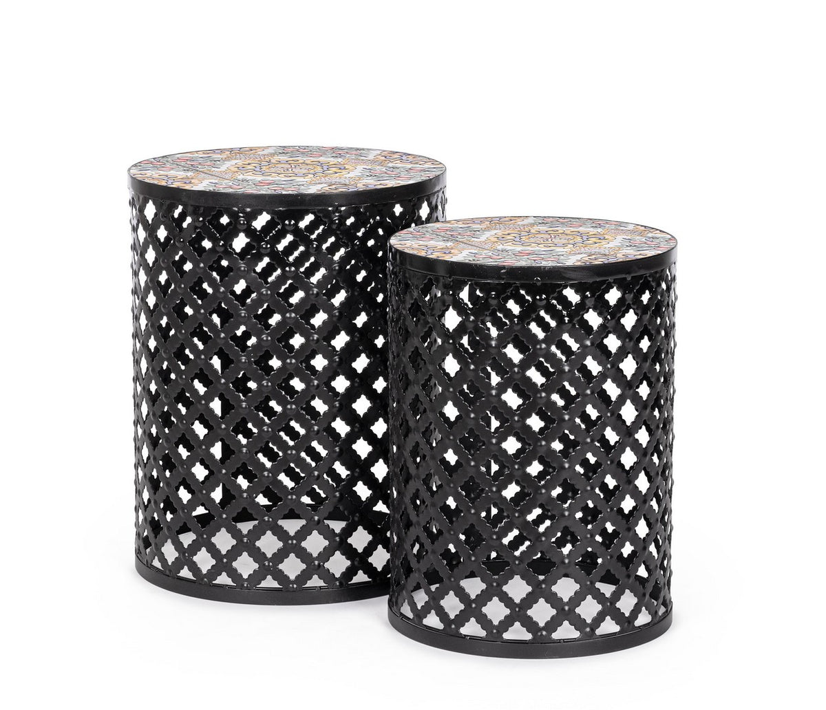 Set di 2 Tavolini Rotondi da Esterno in Acciaio con Piano in Ceramica - SANTORINI