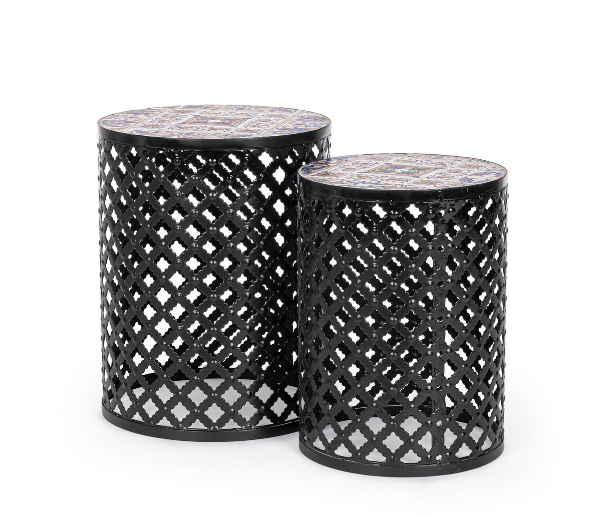 Set di 2 Tavolini Rotondi in Acciaio con Piano in Ceramica Decorata - MYKONOS