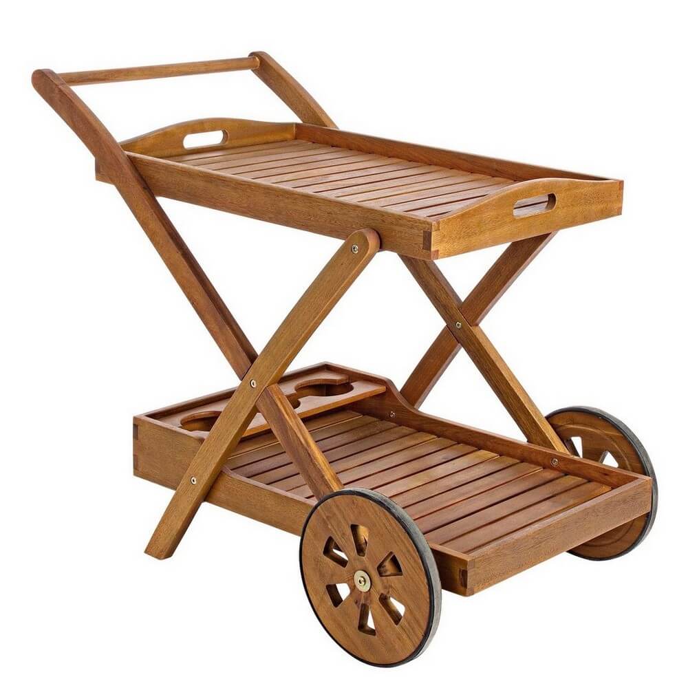 Carrello da Giardino in Legno di Acacia con Ruote 2 Ripiani - SERENITY
