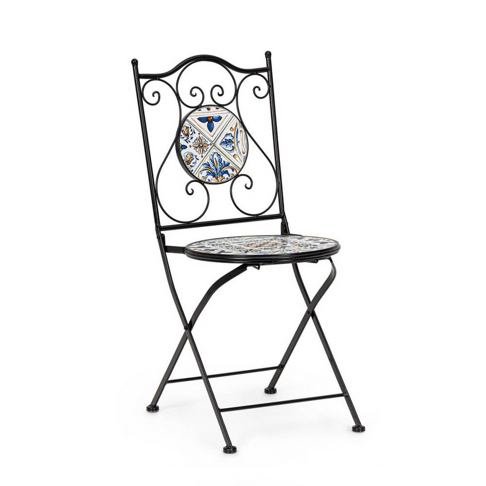 Set di 2 Sedie Pieghevoli da Esterno in Acciaio con Decoro in Ceramica - BYZANTINE