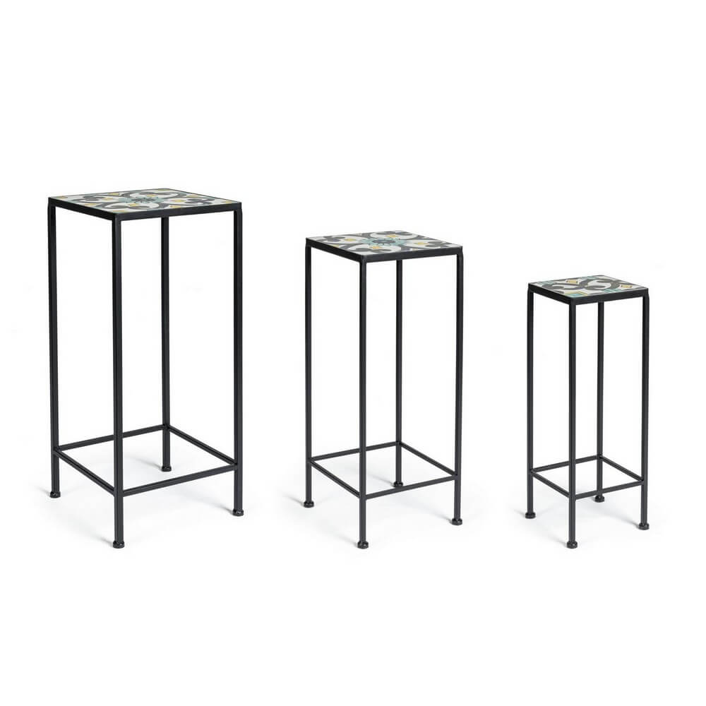 Set di 2 Set da 3 Tavolini Porta Vaso in Acciaio con Piano in Ceramica - VIONEL