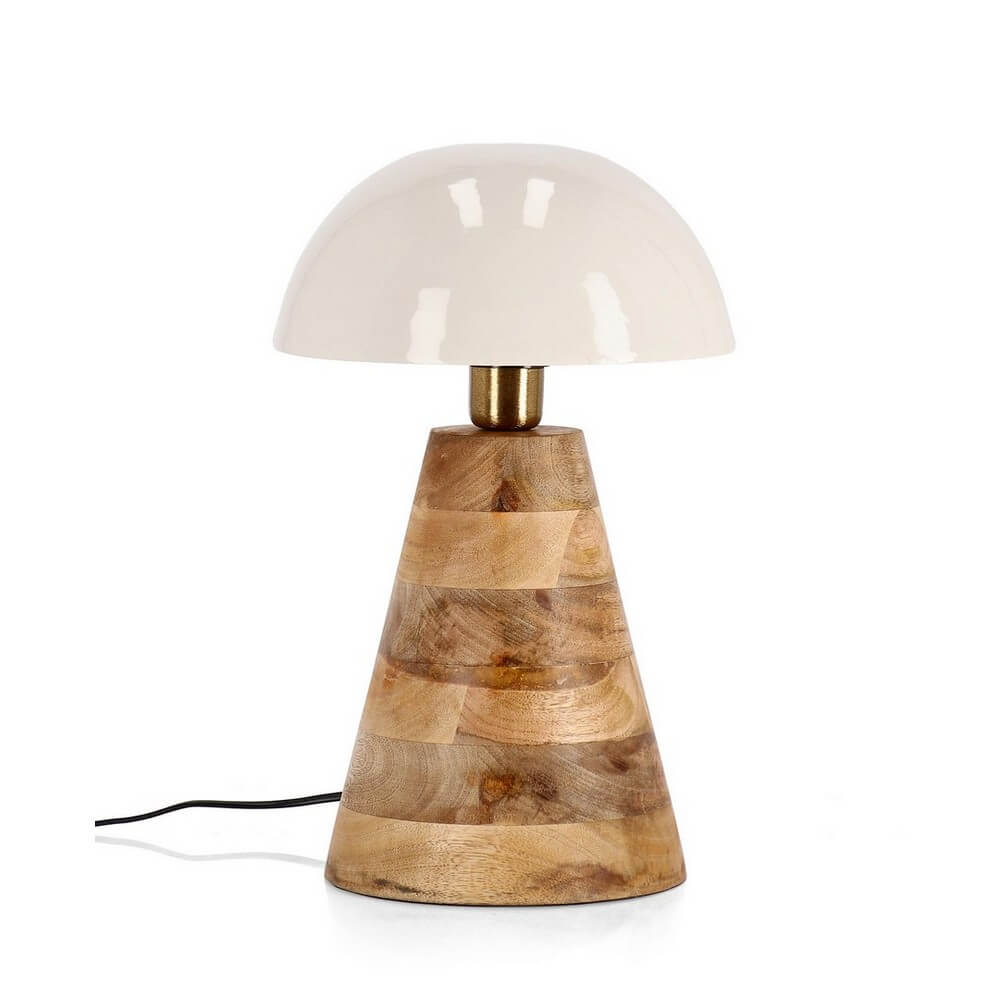 Lampada da Tavolo in Legno di Mango con Paralume Bianco a Cupola - DONYA