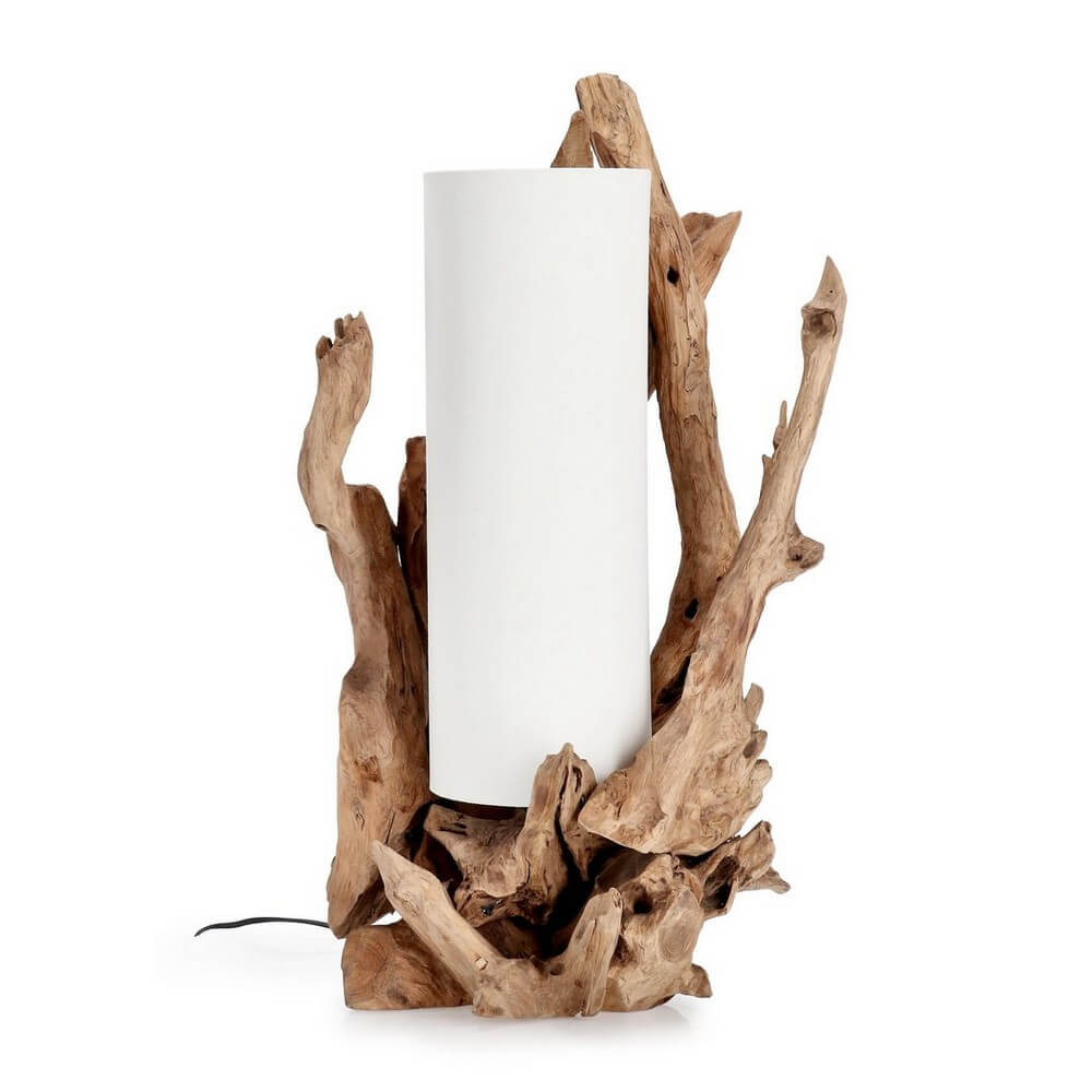 Lampada da Tavolo in Legno di Teak Riciclato con Paralume Cilindrico - ACE