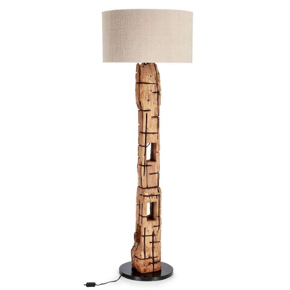 Lampada Piantana in Legno di Teak Riciclato con Paralume Beige - KLETA