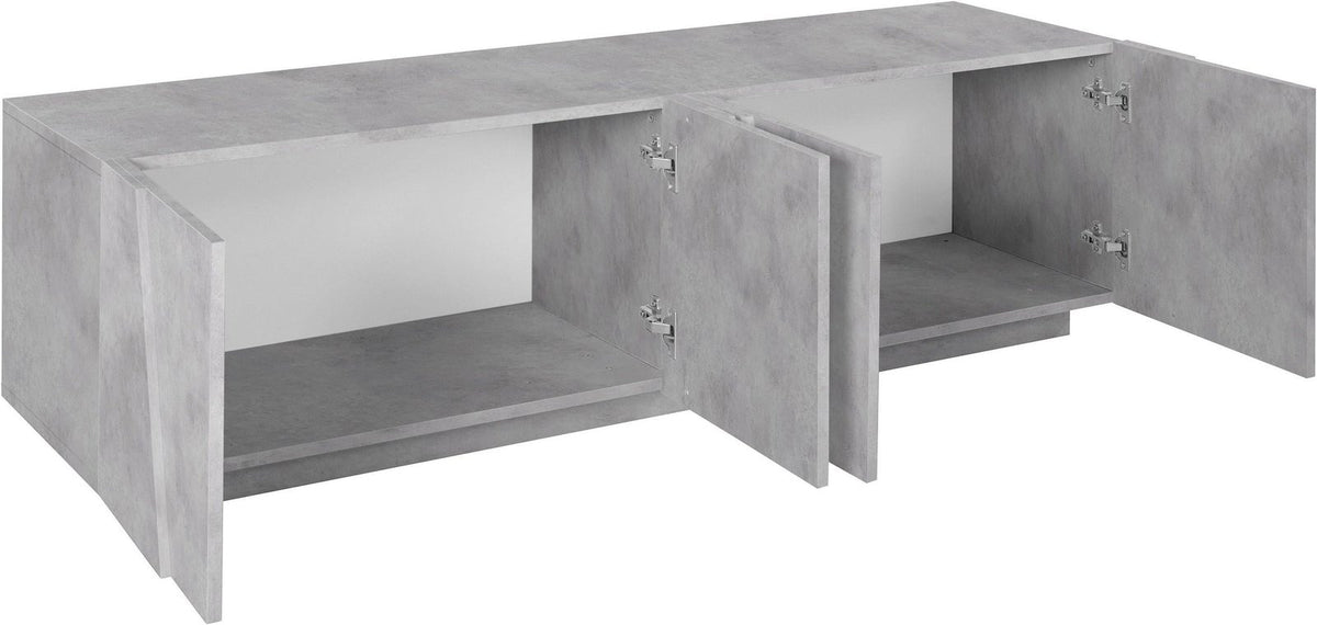 Porta TV PULSE cemento con quattro ante aperte che mostrano l'interno bianco e le cerniere #colore_Cemento