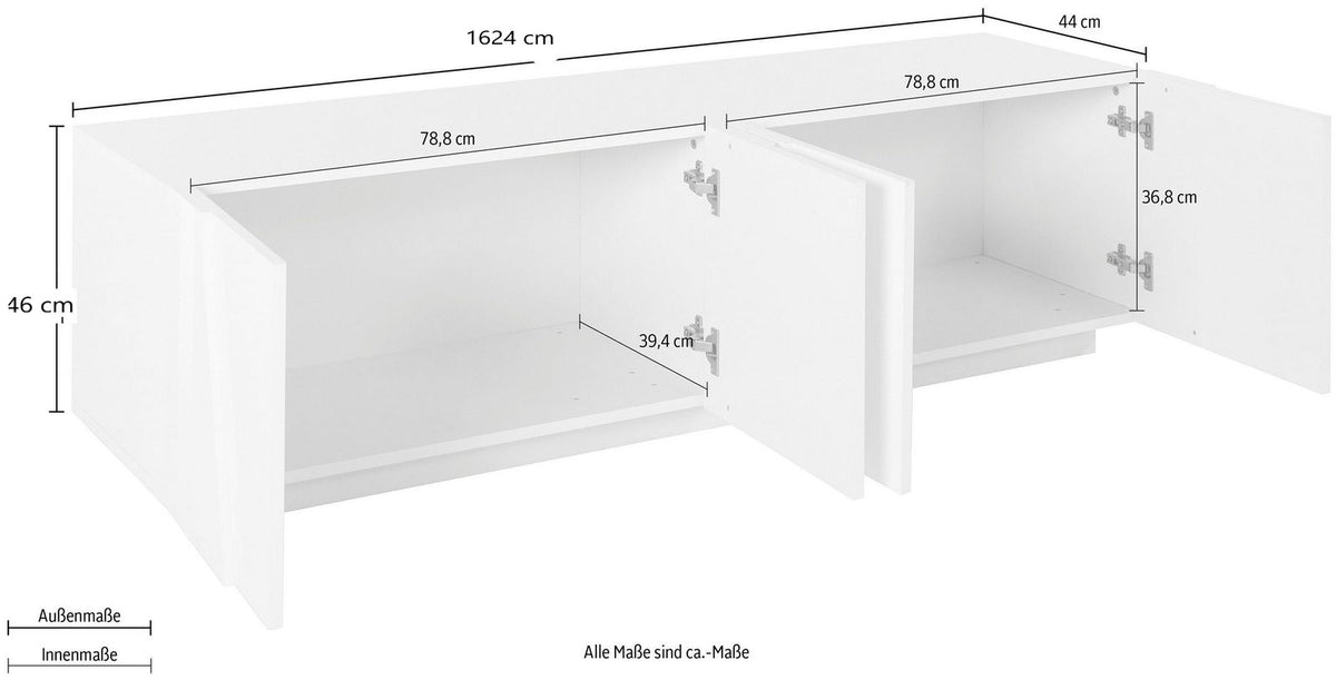 Porta TV PULSE cemento con ante aperte e quote dimensionali: larghezza 162,4 cm, altezza 46 cm #colore_Cemento