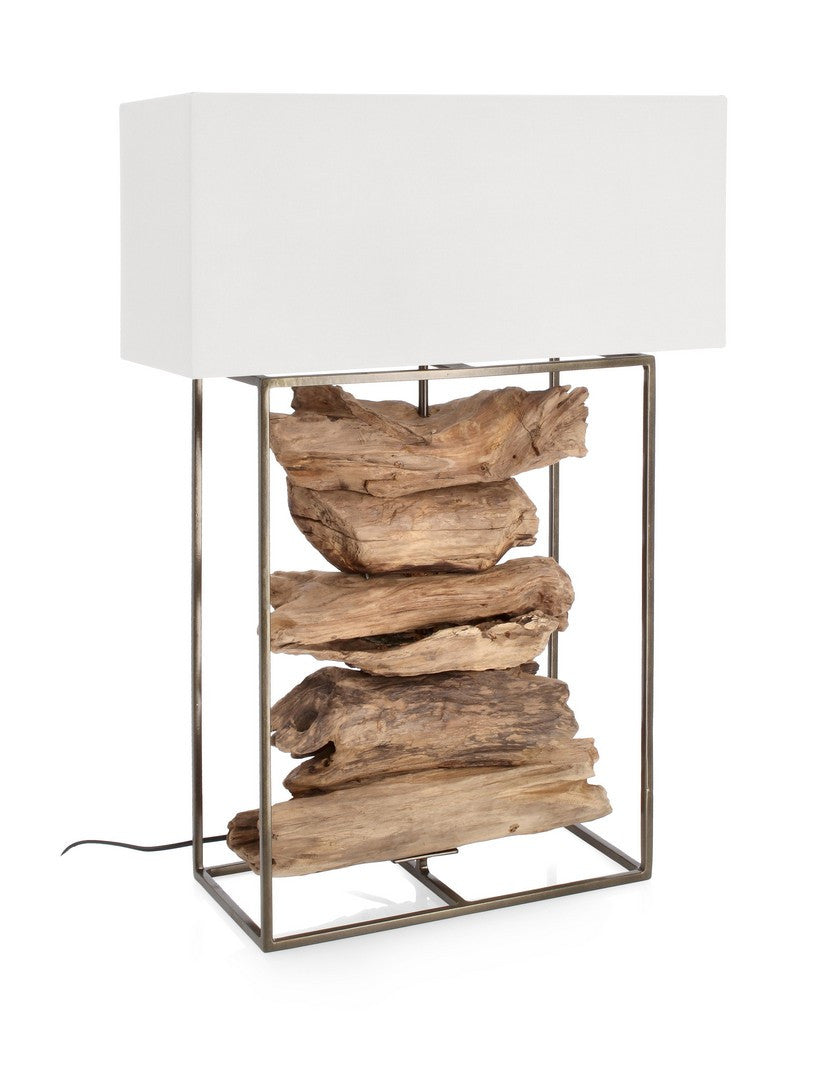 Lampada da Tavolo in Legno di Teak Riciclato e Acciaio con Paralume in Cotone - ANANYA