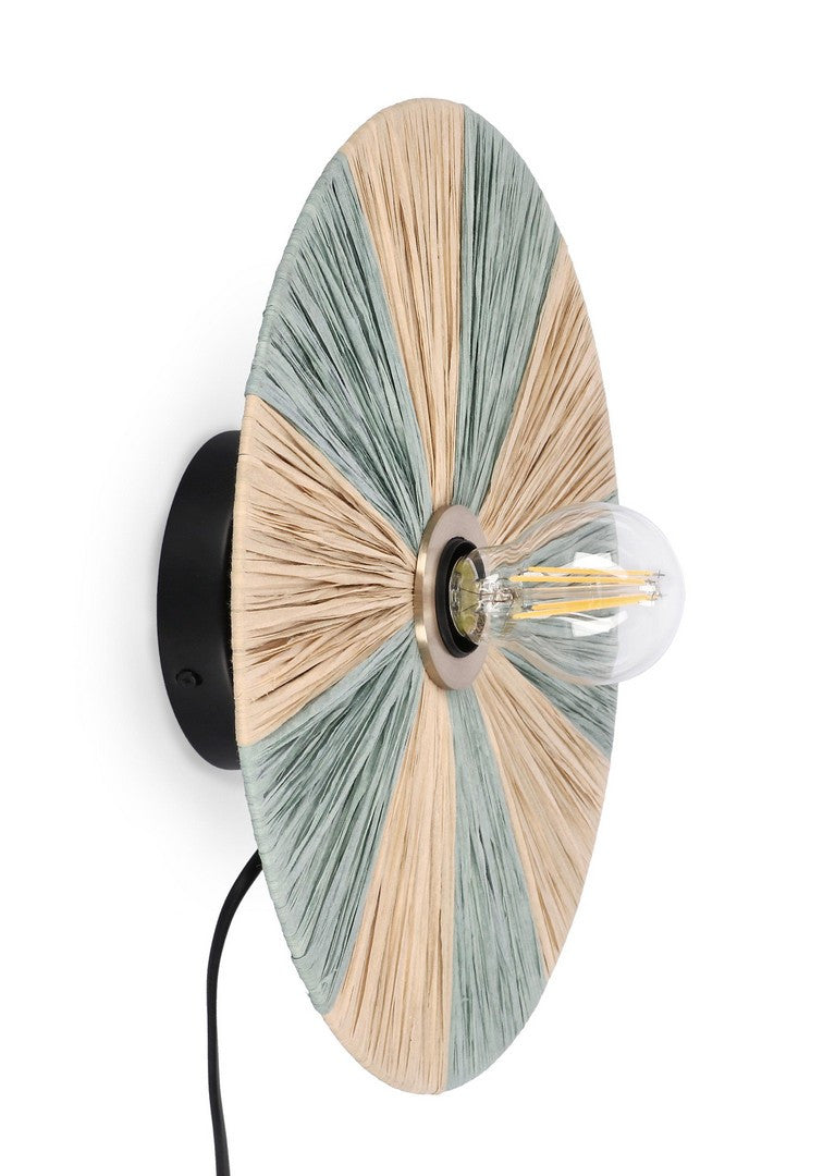 Applique da Parete in Rafia e Metallo Disco Naturale Azzurro D33 - MEI WEN