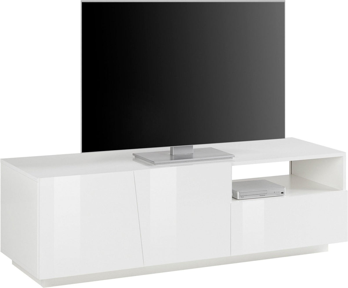 Porta TV GALAXIA bianco lucido su sfondo bianco, due ante battenti e vano a giorno aperto #colore_Bianco Lucido