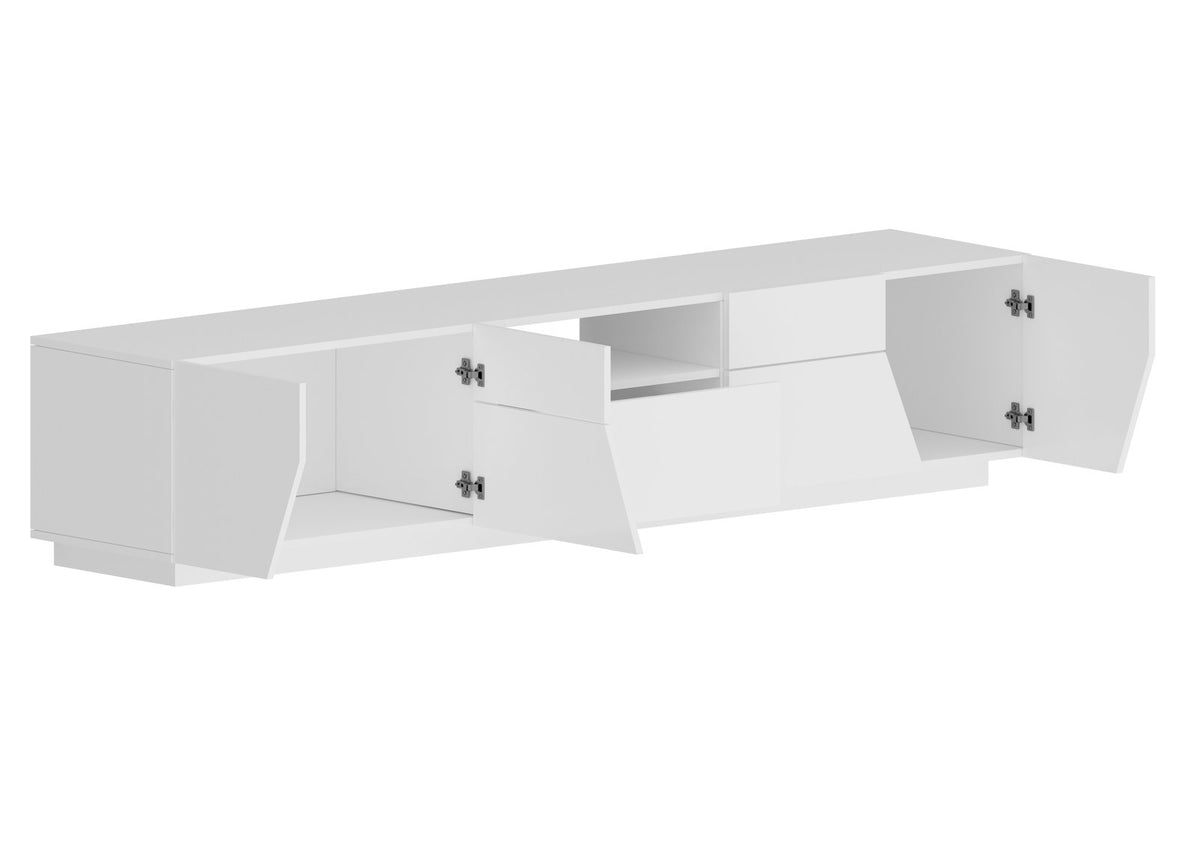 Porta TV NEBULA bianco lucido su fondo bianco con ante aperte e cerniere metalliche visibili #colore_Bianco Lucido