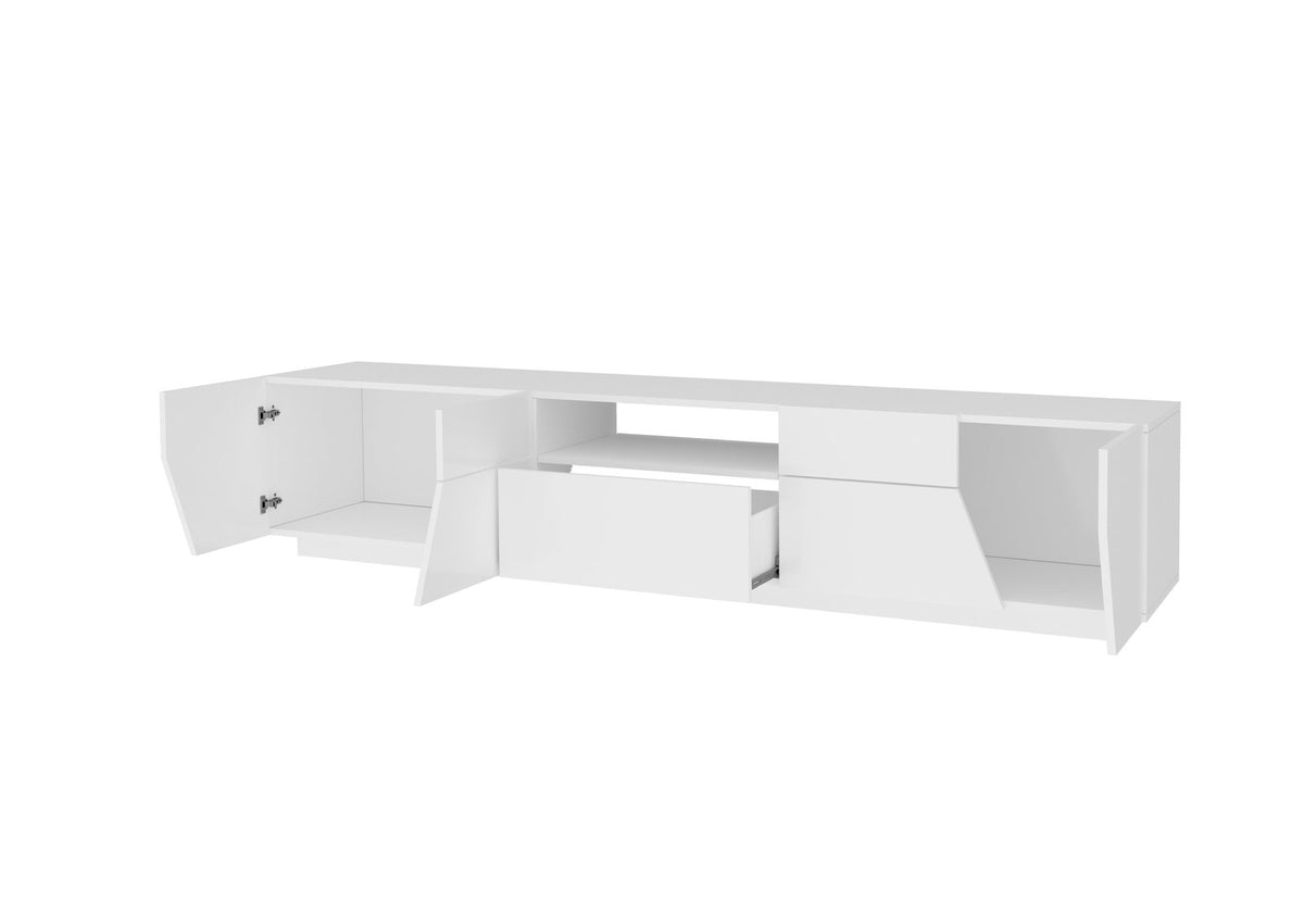 Porta TV NEBULA bianco lucido su fondo bianco, ante aperte e cassetto frontale parzialmente estratto #colore_Bianco Lucido