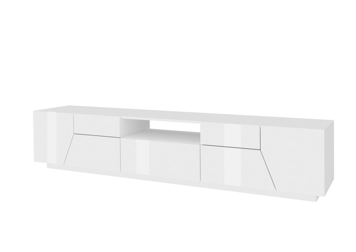 Porta TV NEBULA bianco lucido su fondo bianco, vista tre quarti con quattro ante #colore_Bianco Lucido